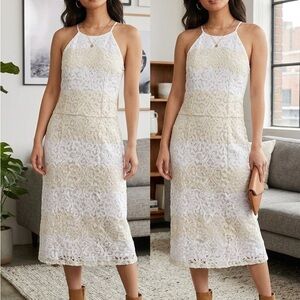 Elegant Lace Midi Dress in White and Cream